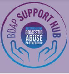 Logo for BDAP Support Hub and Bedfordshire Domestic Abuse Partnership, featuring cupped hands within a purple and blue circle.