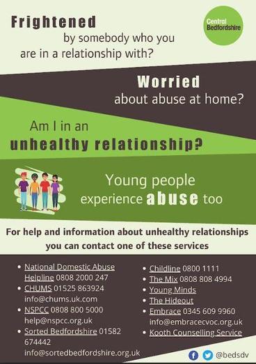 A poster from Central Bedfordshire about unhealthy relationships and abuse, offering helpline contacts for young people.