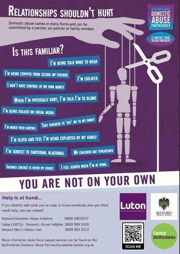 Poster about domestic abuse with a hand controlling a puppet, scissors cutting a string, and a list of abuse signs and helplines.