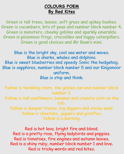 A colourful poem titled 'COLOURS POEM By Red Kites', listing various objects and concepts associated with green, blue, yellow, and red.