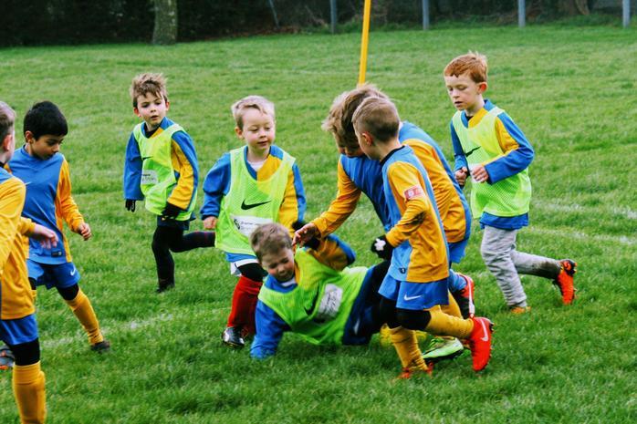 Several young boys in blue, yellow, and lime green kits play football on a grassy field. One boy is on the ground. 