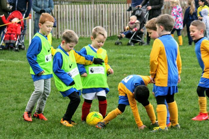 Several young boys in blue and yellow football kits and green bibs playing with a yellow ball on a grass pitch. 